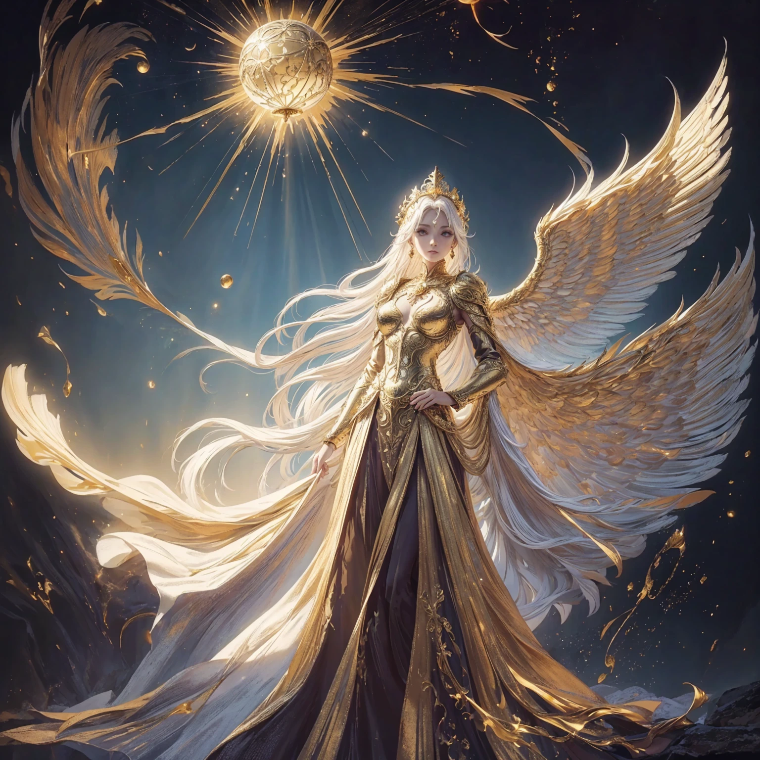 Art of a woman wearing a sun crown looking down on mortals, Wearing a gorgeous golden breastplate that exposes a small amount of skin above the chest, Wearing a gorgeous golden dress, A pair of giant angel wings taller than the body spread out behind the woman., ancient goddess art, Sacredness. Very detailed, Mysterious inspiration, Inspiration from the Sun God, Religious inspiration, A divine background, Cold and snobbish face, Dangerous expressions, White hair, Standing pose floating in the air, One hand snapped its fingers while the other held a brilliant sphere as bright as the sun., Full body portrait, Gothic art style, Weird art style, Occult art