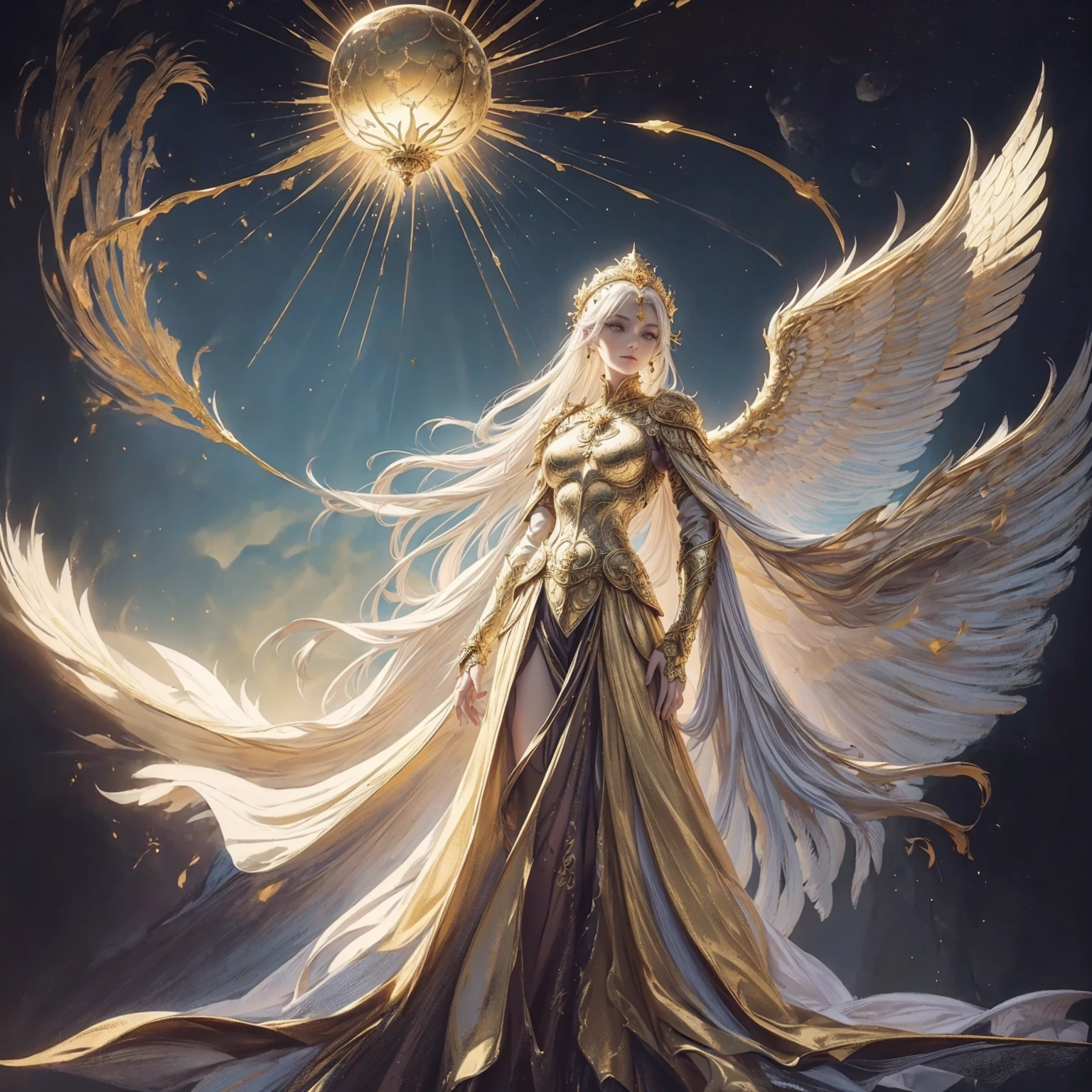 Art of a woman wearing a sun crown looking down on mortals, Wearing a gorgeous golden plate that exposes a small amount of skin above the chest, Wearing a gorgeous golden dress, A pair of giant angel wings taller than the body spread out behind the woman., ancient goddess art, Sacredness. Very detailed, Mysterious inspiration, Inspiration from the Sun God, Religious inspiration, A divine background, Cold and snobbish face, Dangerous expressions, White hair, Standing pose floating in the air, One hand snapped its fingers while the other held a brilliant sphere as bright as the sun., Full body portrait, Gothic art style, Weird art style, Occult art