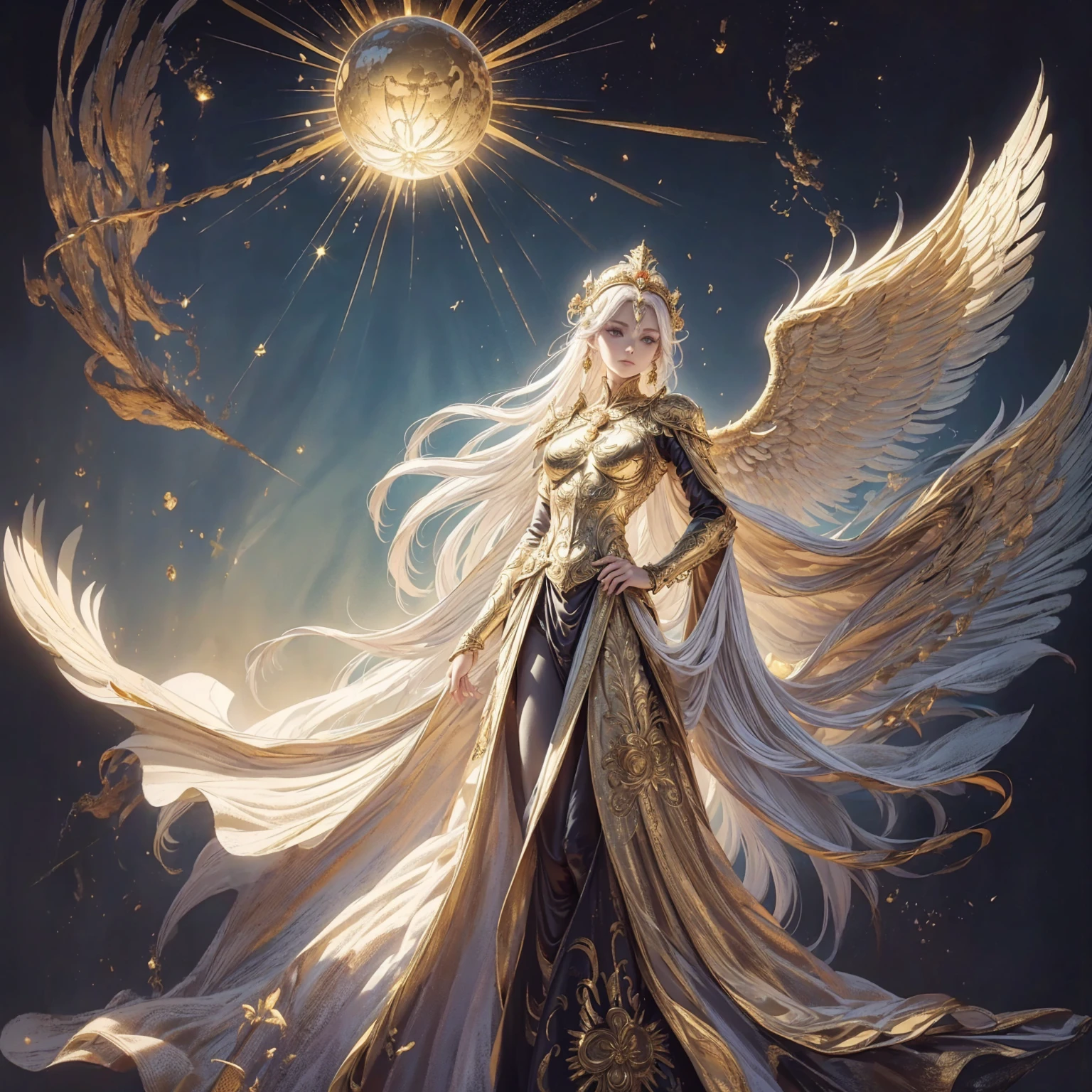 Art of a woman wearing a sun crown looking down on mortals, Wearing a gorgeous golden breastplate that exposes a small amount of skin above the chest, Wearing a gorgeous golden dress, A pair of giant angel wings taller than the body spread out behind the woman., ancient goddess art, Sacredness. Very detailed, Mysterious inspiration, Inspiration from the Sun God, Religious inspiration, A divine background, Cold and snobbish face, Dangerous expressions, White hair, Standing pose floating in the air, One hand snapped its fingers while the other held a brilliant sphere as bright as the sun., Full body portrait, Gothic art style, Weird art style, Occult art