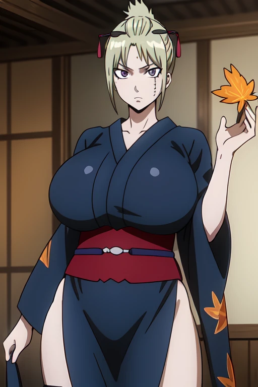 High resolution, Sharp focus, pixiv masterpiece, ((Intricate details)), Very detailed, Key Visual, One Girl, tsukuyo, Kimono with autumn leaf pattern, Black kimono, blonde, Purple eyes, Cowboy Shot, Displaying the viewer,  kunaboto style,(((Huge breasts))),(kunaboto style)