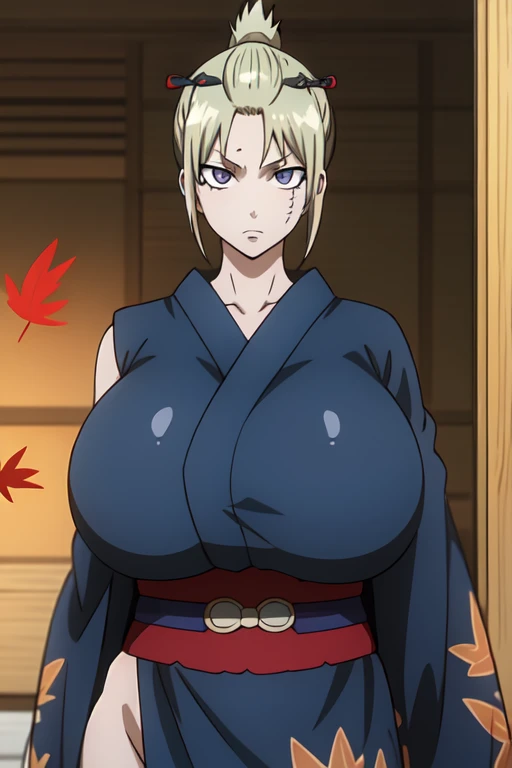 High resolution, Sharp focus, pixiv masterpiece, ((Intricate details)), Very detailed, Key Visual, One Girl, tsukuyo, Kimono with autumn leaf pattern, Black kimono, blonde, Purple eyes, Cowboy Shot, Displaying the viewer,  kunaboto style,(((Huge breasts))),(kunaboto style)