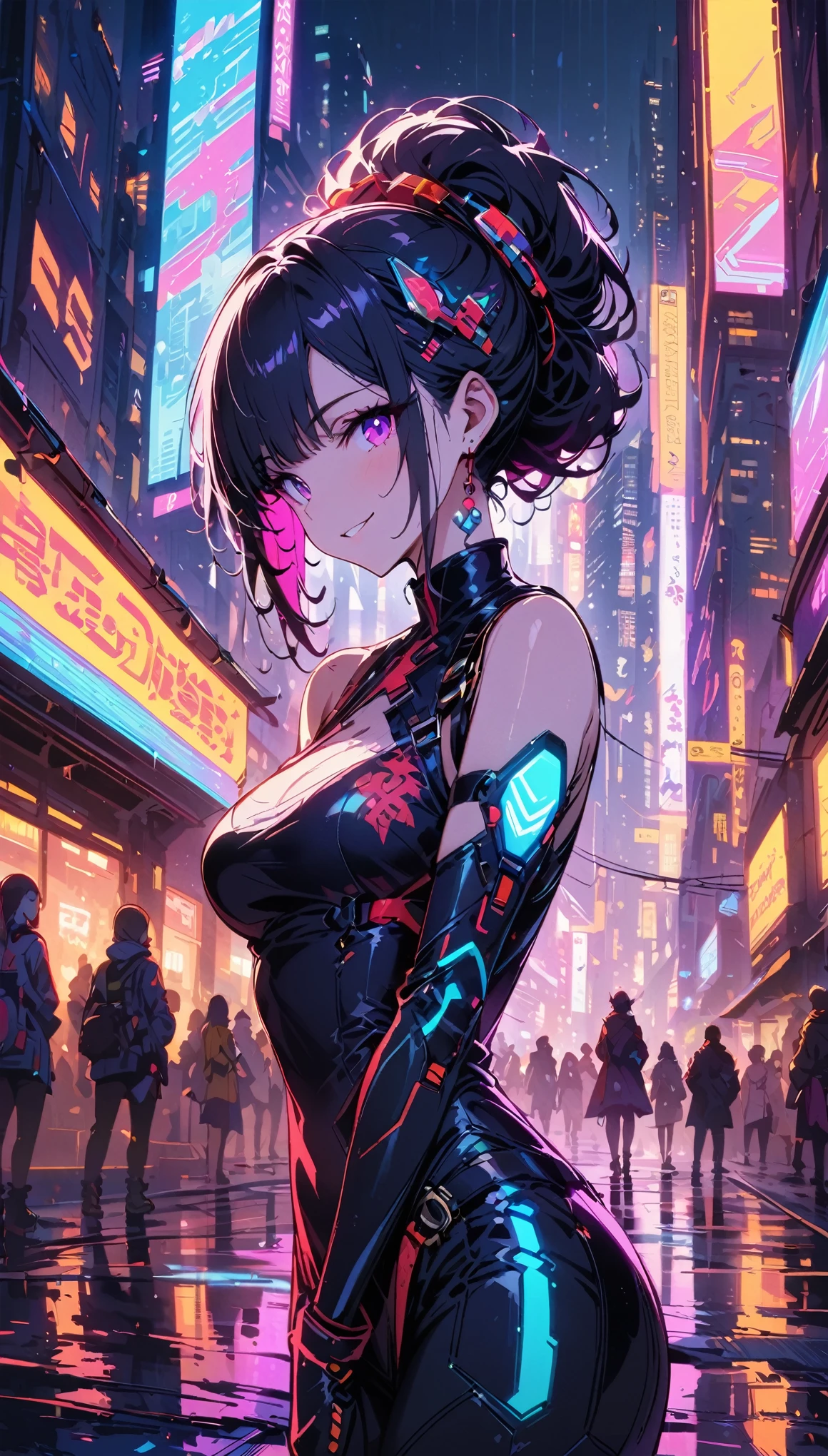 masterpiece, best quality,  ((Smile)) Cyberpunk girl standing, Chinese style cyberpunk body straps, Bold Colors and Patterns, Eye-Catching Accessories, Stylish and novel hairstyle, Dazzling cyberpunk cityscape, Skyscraper, Glowing neon lights, LED lights, Anime Illustrations, The skin texture is delicate, Detailed fabric texture, Beautiful and delicate face, Intricate details, Very detailed, light, Strong contrast,Facing the camera