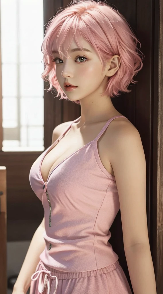 girl， single， best quality， Upper part of the body， beautiful， beautiful， Radiantly， Large breasts，Pink short hair