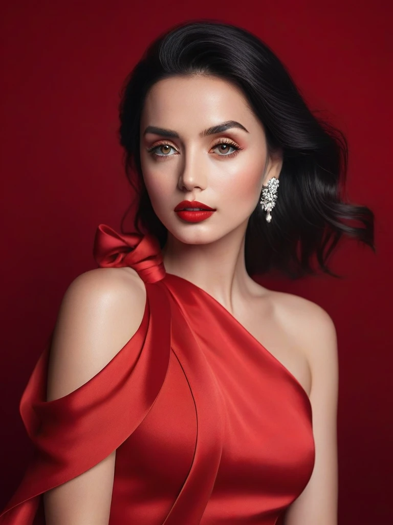 (best quality,4k,8k,highres,masterpiece:1.2),ultra-detailed,(realistic,photorealistic,photo-realistic:1.37),beautiful eyes,beautiful lips,detailed face,red lipstick, black hair, gorgeous woman, red dress, red shoes, elegant fashion model,elegant look, sexly, long eyelashes,confident expression,flawless skin,posing gracefully,flowing fabric, red soft and silky material, graceful movement, vibrant colors,artistic lighting, studio photo shoot, full body frame, dreamy atmosphere, all red background