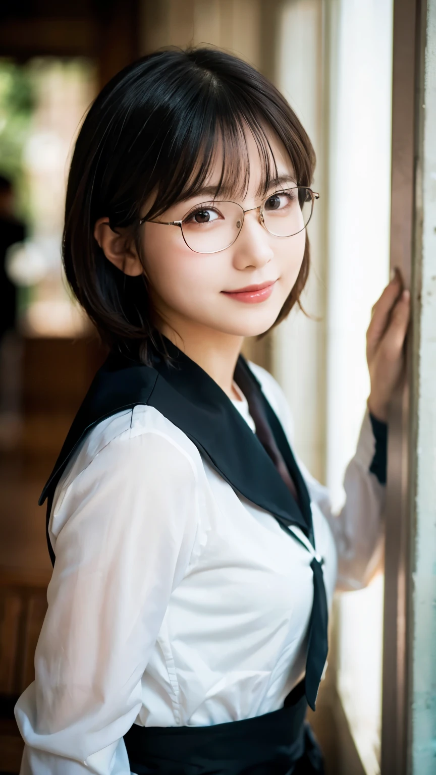 (Highest quality,masterpiece:1.3,Ultra-high resolution),(Very detailed,Caustics,8k),(Realistic:1.4,RAW shooting),A girl dressed as a butler,Japanese,boyish,smile,20-year-old,Short black hair,Glasses,Looking into the camera,Inside the Western-style building,Waist up shot,front,Face Focus,Face close-up,(Warm Light),Professional Writing