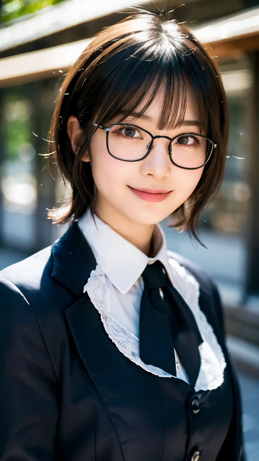 (Highest quality,masterpiece:1.3,Ultra-high resolution),(Very detailed,Caustics,8k),(Realistic:1.4,RAW shooting),A girl dressed as a butler,Japanese,boyish,smile,20-year-old,Short black hair,Glasses,Looking into the camera,Inside the Western-style building,Waist up shot,front,Face Focus,Face close-up,(Warm Light),Professional Writing