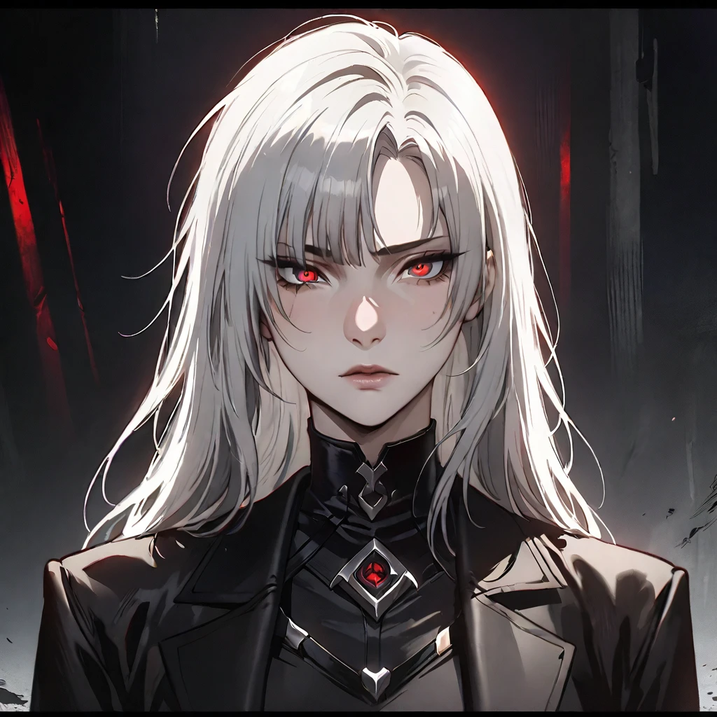 (masterpiece high quality, modern clothes, face close-up 3x4, arcane, caitlyn, White hair, 1girl, long hair, bangs, black attire, messy hair, black top suit, black clothes, anime style character, highly detailed exquisite fanart, realistic anime, red eyes)