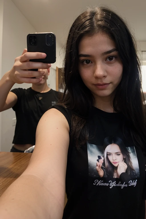 girl with straight black hair taking a selfie in a black t-shirt