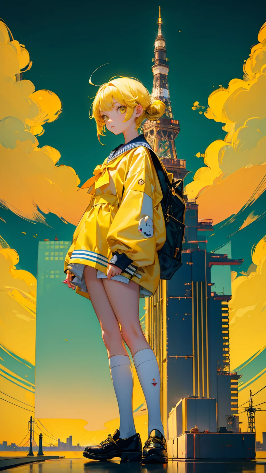 A cute girl Standing straight  with yellow hair and big eyes wearing a sailor suit, holding an apple in her hand, with Tokyo Tower behind her. A school band is playing musical instruments in background. The color scheme is yellow-green.  Easy KYC" written on the bottom