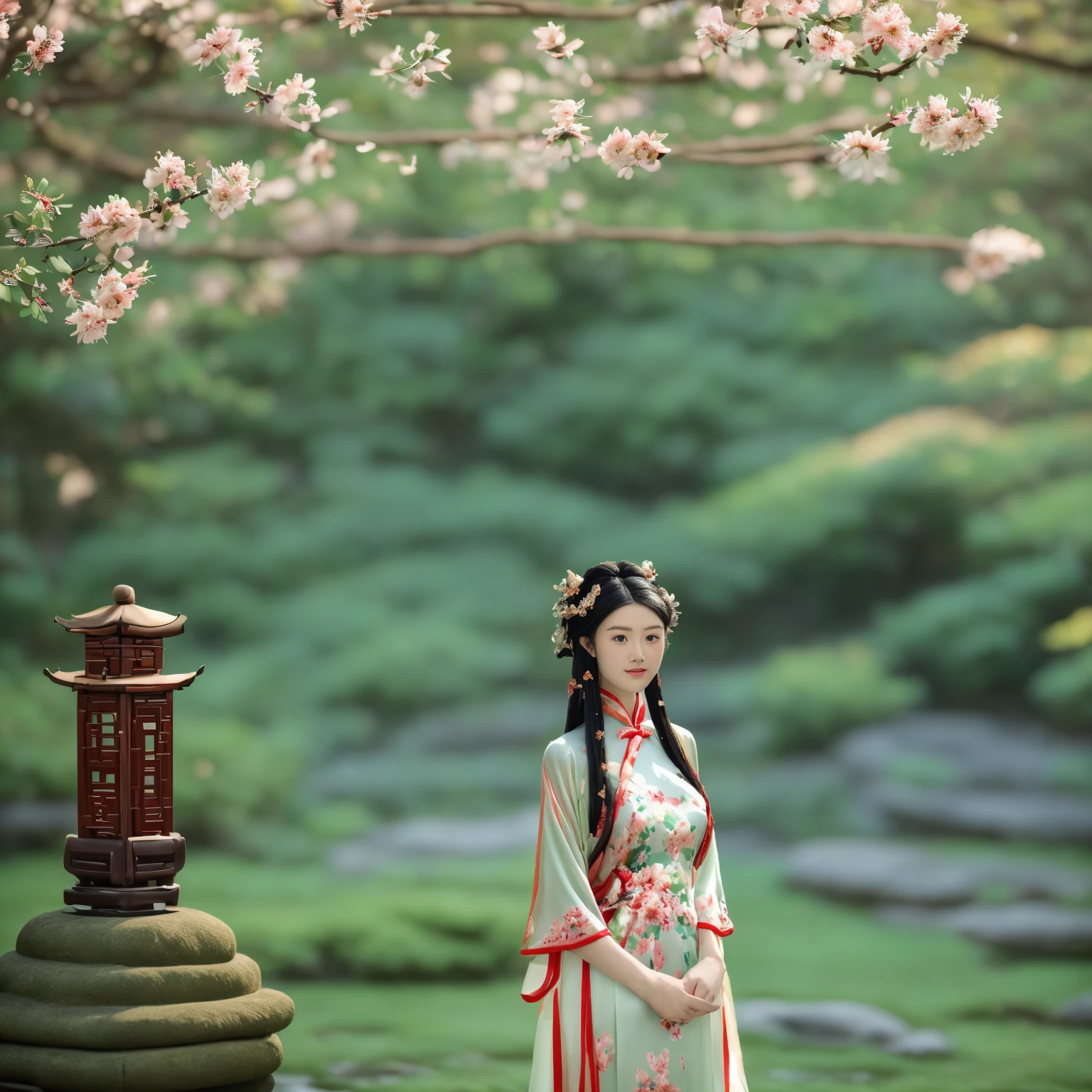 A stunning Chinese girl in an elegant crimson Ming dynasty hanfu, adorned with intricate gold embroidery depicting delicate floral patterns. She stands gracefully in a traditional garden, surrounded by lush greenery and stone lanterns. The soft light of the setting sun illuminates her delicate features and flowing black hair, adorned with ornate hairpins. Her serene smile and poised stance exude timeless beauty and subtle sensuality.