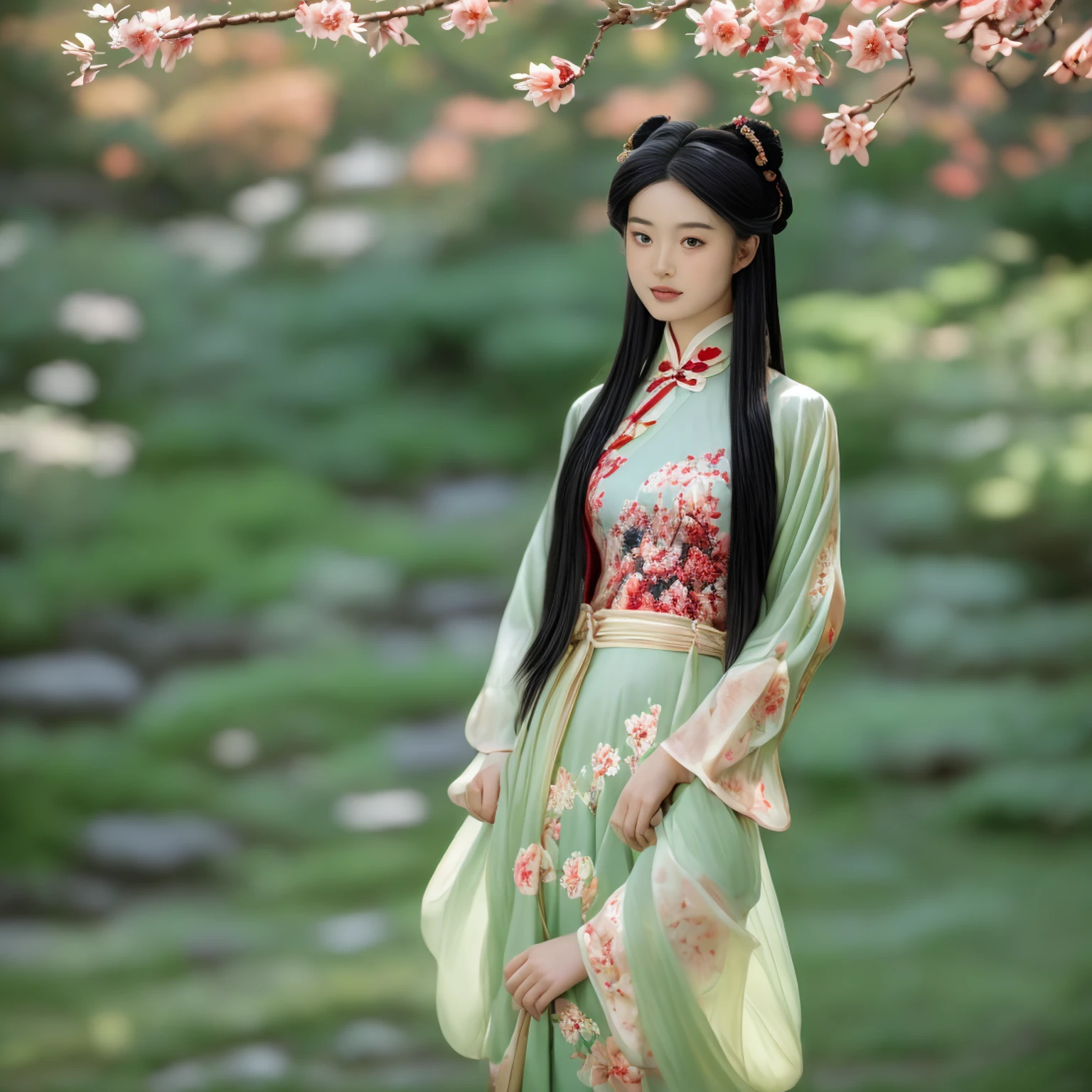 A stunning Chinese girl in an elegant crimson Ming dynasty hanfu, adorned with intricate gold embroidery depicting delicate floral patterns. She stands gracefully in a traditional garden, surrounded by lush greenery and stone lanterns. The soft light of the setting sun illuminates her delicate features and flowing black hair, adorned with ornate hairpins. Her serene smile and poised stance exude timeless beauty and subtle sensuality.