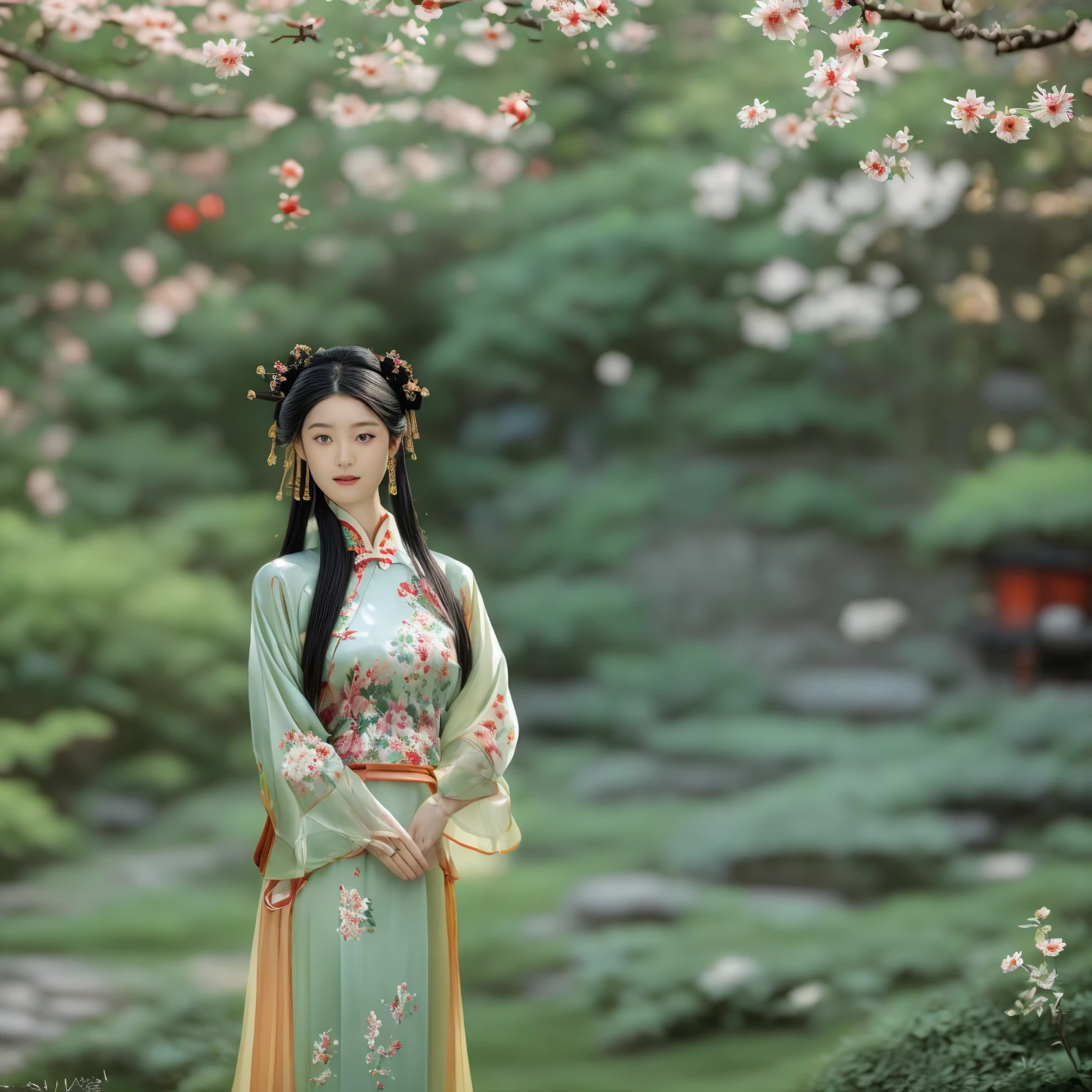 A stunning Chinese girl in an elegant crimson Ming dynasty hanfu, adorned with intricate gold embroidery depicting delicate floral patterns. She stands gracefully in a traditional garden, surrounded by lush greenery and stone lanterns. The soft light of the setting sun illuminates her delicate features and flowing black hair, adorned with ornate hairpins. Her serene smile and poised stance exude timeless beauty and subtle sensuality.