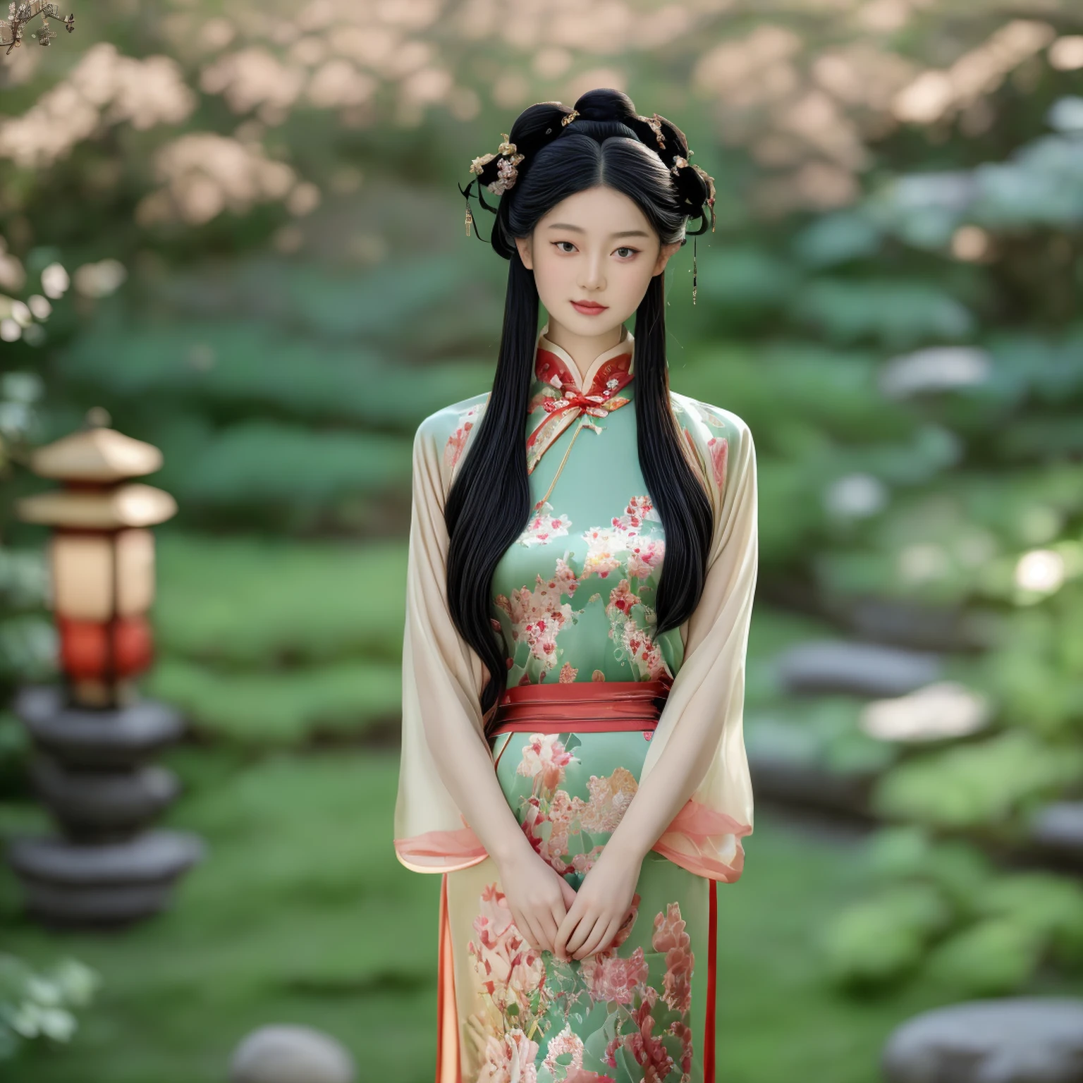 A stunning Chinese girl in an elegant crimson Ming dynasty hanfu, adorned with intricate gold embroidery depicting delicate floral patterns. She stands gracefully in a traditional garden, surrounded by lush greenery and stone lanterns. The soft light of the setting sun illuminates her delicate features and flowing black hair, adorned with ornate hairpins. Her serene smile and poised stance exude timeless beauty and subtle sensuality.