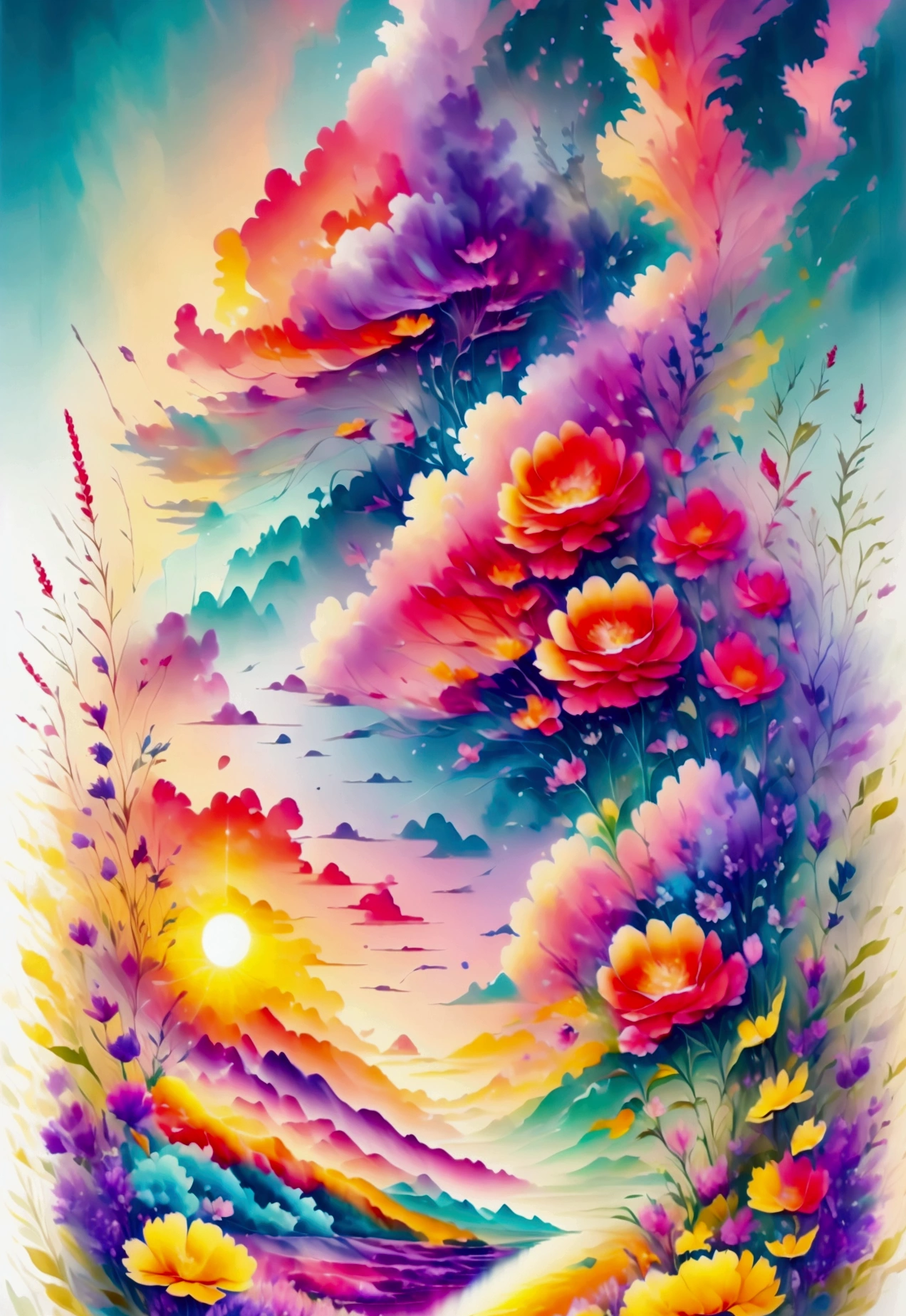 Have a beautiful sunset, The hills are covered with flowers and plants., The flowers are approaching, Colorful sky, Surreal colors, Colorful sunset, Colorful sky, Beautiful skyの反射, Beautiful sky, Fantastic atmosphere 8K, Multicolored clouds, Colored reflections on the lake, Unreal sky, Red and blue reflections, Fire Reflection, Beautiful sky, Beautiful and spectacular sunset, Beautiful dream landscape, Beautiful sky