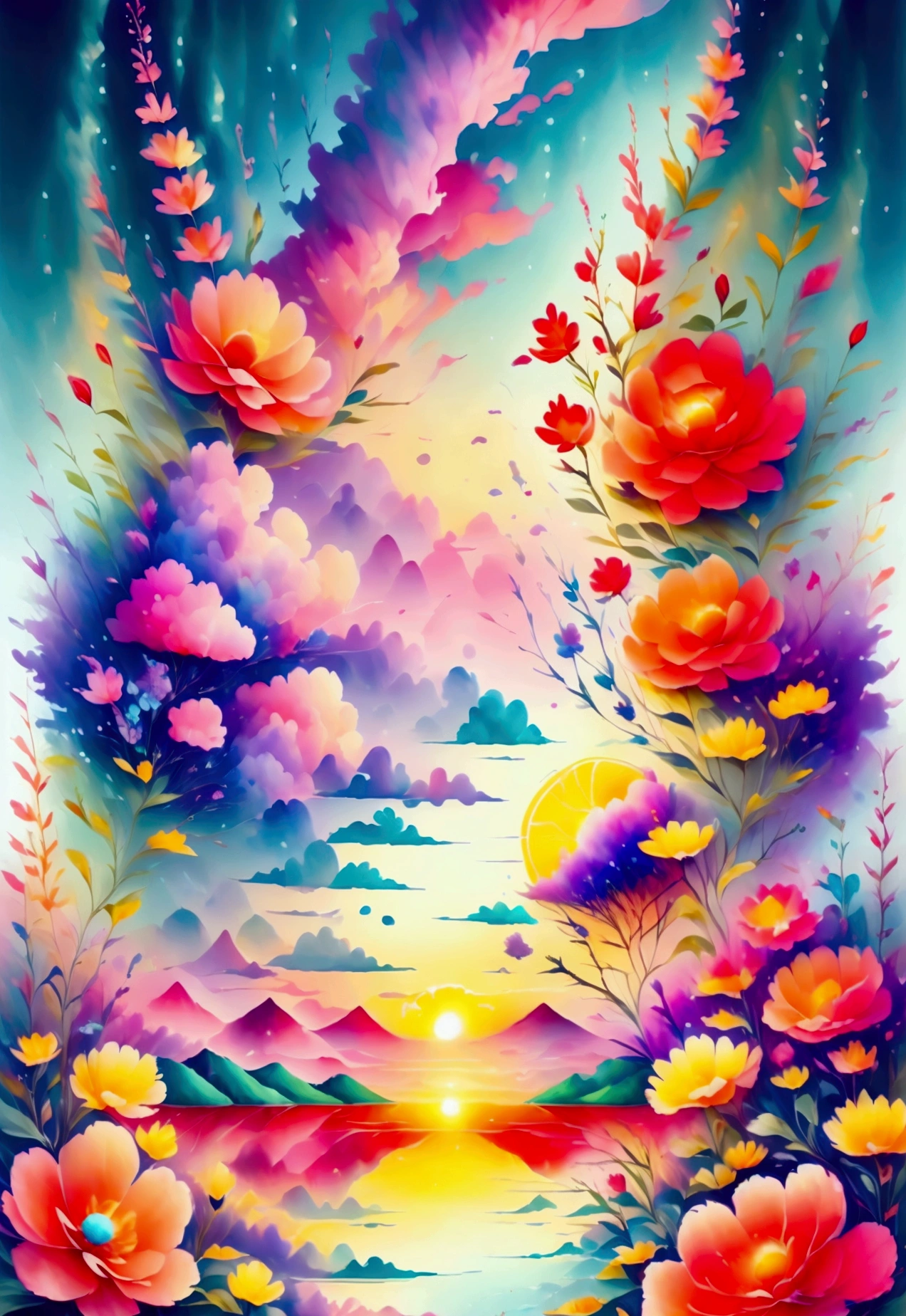Have a beautiful sunset, The hills are covered with flowers and plants., The flowers are approaching, Colorful sky, Surreal colors, Colorful sunset, Colorful sky, Beautiful skyの反射, Beautiful sky, Fantastic atmosphere 8K, Multicolored clouds, Colored reflections on the lake, Unreal sky, Red and blue reflections, Fire Reflection, Beautiful sky, Beautiful and spectacular sunset, Beautiful dream landscape, Beautiful sky
