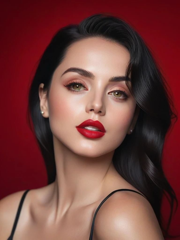 (best quality,4k,8k,highres,masterpiece:1.2),ultra-detailed,(realistic,photorealistic,photo-realistic:1.37),beautiful eyes,beautiful lips,detailed face,red lipstick, black hair, gorgeous woman, sexy, long eyelashes,confident expression,flawless skin,posing gracefully,flowing fabric, red soft and silky material, graceful movement, vibrant colors,artistic lighting, studio photo shoot, full body frame, dreamy atmosphere, all red background