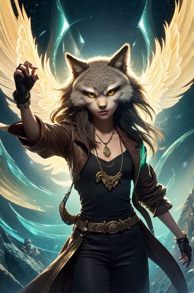 Create 3D character illustrations with a detailed yet Disney-style pop style.
- **Expressions**: confident, friendly expressions
- **Gender**: Male wolf
- **Features**:.
- Green and gold dreadlocks
- Red necklace with heart symbol similar to ethnic necklace
- Transhuman design with left arm fusing human and machine
- Right arm very advanced and futuristic transhuman design, representing a higher dimensional form
- An owl is on his right shoulder.
- **Pose**: facing forward in a slight 3/4 view, looking at the camera, right hand outstretched, radiating magical energy
- **Higher dimensional life form**: only the upper half of the wolf's body emerges from the wolf's right shoulder, like a guardian spirit
- **Background**: large yin-yang symbol
- **Camera angle**: at eye level, with a mid-shot of the wolf's entire body and the guardian spirit's upper body
- Style**: A fusion of fantasy and science fiction, with a quirky, adventurous tone, but with relatable characters.