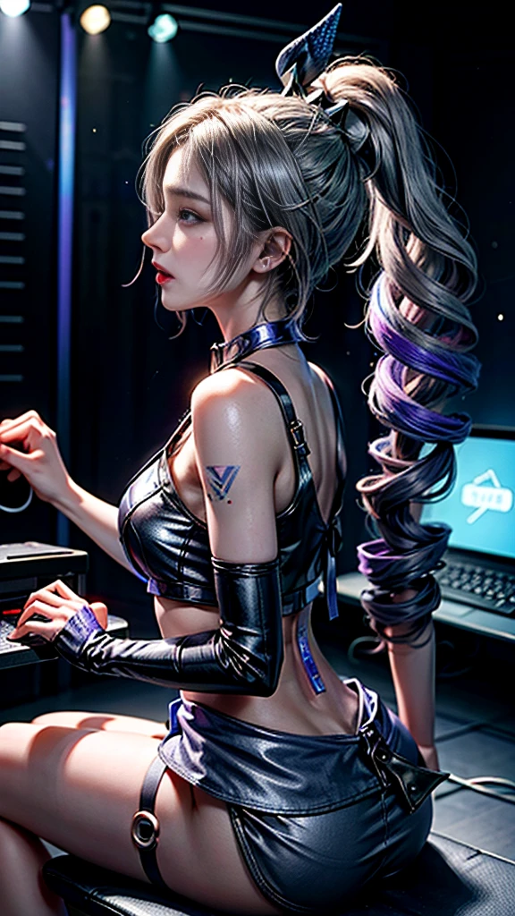 （（（（7 profile pictures）））），silver wolf，masterpiece，Best quality，Extremely detailed，Extremely detailed 16k CG game art style ，Beautiful face，（E-sports room里的银狼），（Perfect and graceful curves），sit，Rainbow-colored gemstone eyes，Wearing resin holographic sports，Cropped top with draped pleated skirt，Bell collar，impotence，outline light，concert，Neon lights，vocal，Bell collar，Esports Headset，，E-sports room，play games，Red leather with white interior，Holographic projection，Flat sphere，Graffiti logo，(Very detailed tattoo on belly button )