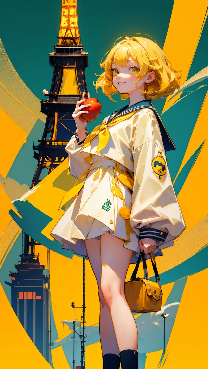 A cute girl Standing straight with yellow hair and big eyes wearing a sailor suit, holding an apple in her hand, happy smiley face emotion, with Tokyo Tower behind her. A school band is playing musical instruments in background. The color scheme is yellow-green. Easy KYC" written on the bottom