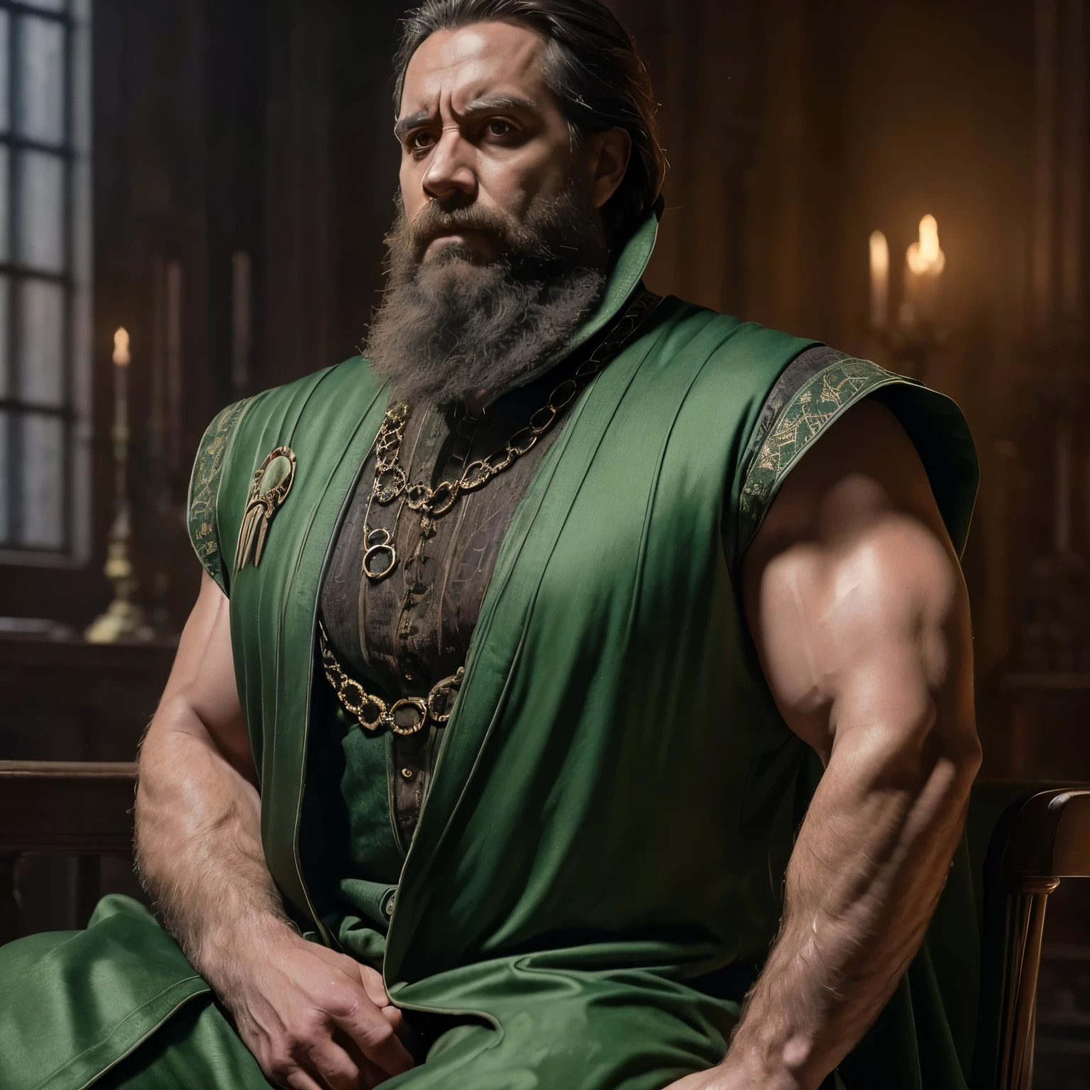 A otto hightower musculoso, very lewd, Stately, lateral view, below pov, fully body, 50 years old , thick beard, dark oliva skin color, oiled skin, wide pectorals, huge pecs, hair chest, sultry posing, He's sitting on the throne, He's spread legged, wearing a open green royal robe, wet body, bare arms, big bulge, Large protrusion in the groin, thick thights, Wonderful highly detailed masterpiece, beautiful cinematic light deep focus, chic, digitalpainting, seeds, sharp focus, golden ratio, dramatic lighting, 8k