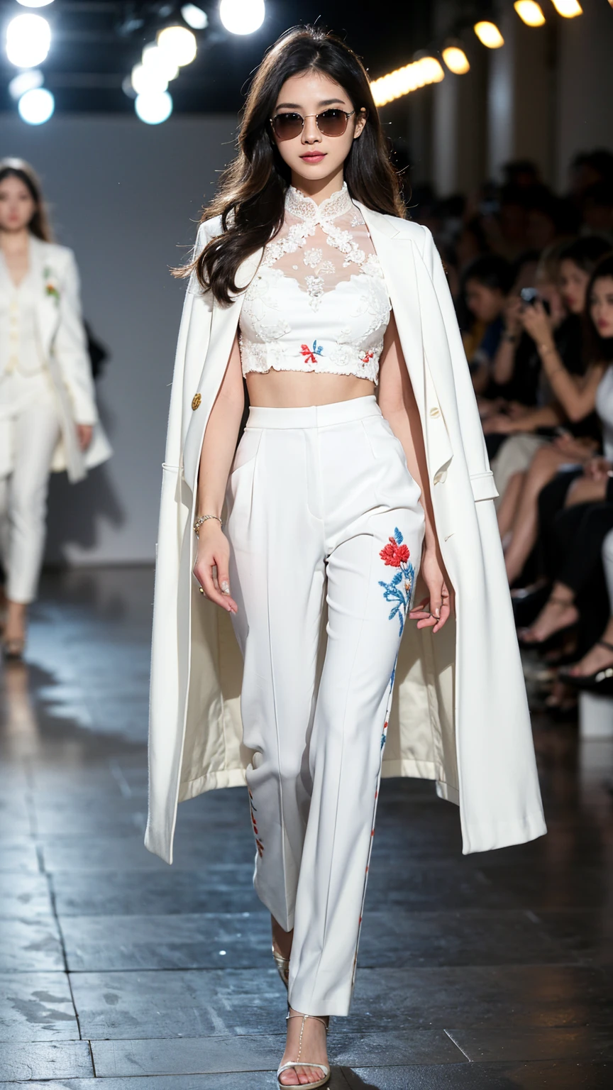 (masterpiece, best quality:1.2), (1girl, solo, alone:1.3), (black hair, long hair, slender legs, sunglasses, parted lips, smile:1.2), (embroidered white suit, intricate white tuxedo, white coat, white cape, fashion model:1.3), (embroidered white pants, intricate pants:1.4), (catwalk, walking, walking through a model catwalk:1.35), (city background, intricate fashion contest background, night time:1.2), (camera flashes, bokeh, blurry background:1.3),