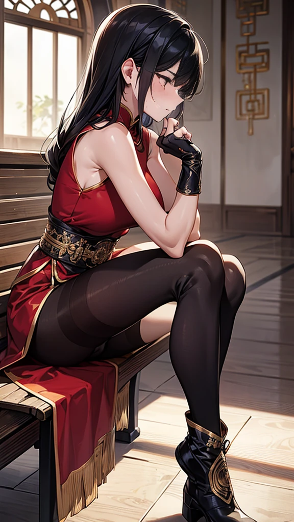 {{masterpiece}}, {{{Highest quality}}},{{Very detailed}},He is sitting on a bench in the waiting room with a serious expression on his face.,from side ,Sit slouched,{{Blushing}},{{V-shaped eyebrows}},{{Female Fighter}},{{expensive}},{{Adult woman sweating with fatigue}},A sleeveless red Chinese dress embroidered with gold thread Black Hair Black tights Black leggings Black arm covers fingerless gloves short boots Place your hands on your knees Waist belt Red pelvic curtain