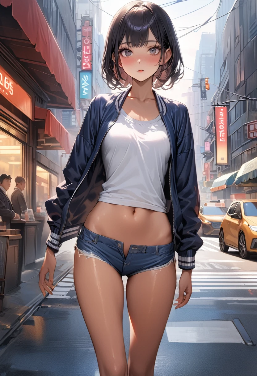 ((masterpiece,Highest quality:1.3,best quality illustration)),(realistic:1.2)、cowboy shot,独奏,1woman,((Mature Beauty)),black hair,(very short hair),bangs,black eyes,(gorgeous big eyes),(very small head),blush,(very long body,skinny,slender body,tan skin),((Navy blue baseball jacket)),small breasts,gleaming skin,oily skin,denim micro shorts,Wearing a white tank top and a blouson,on street,New York City、