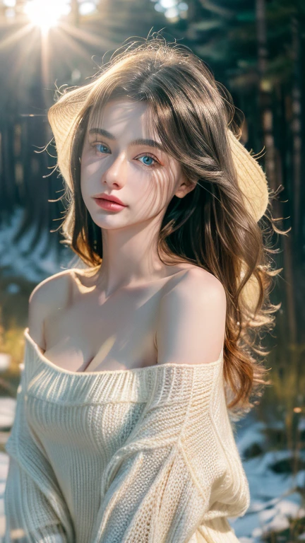1girl, portrait, full body, full body close-up, full body potrait, ukrainian girl, bright blue eyes, smooth white skin, big breasts, huge breasts, open cleavage, off-shoulder sweater dress revealing cleavage, winter forest, snow, golden wavy long hair, double eyelid, ultra-detailed face, detailed eyes, golden hour, (best quality, 8k, masterpiece:1.3), realistic, photorealistic, vivid colors, studio lighting, bokeh, physically-based rendering, professional