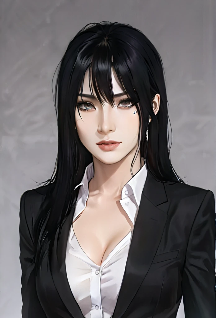 (masterpiece high quality, modern clothes) face focuss, half body , 24 years, caitlyn, black hair, 1girl, long hair, bangs, black attire, normal , messy hair, white top suit, black clothes, anime style character, highly detailed exquisite fanart, realistc anime, black eyes