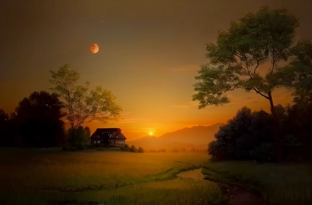 A painting depicting a sunset,The painting shows a house in the middle of a field, Warm and beautiful scene, 在Tranquil scenery中, Tranquil scenery, Peaceful scene, The scenery is peaceful!!, Peaceful evening atmosphere, Peaceful and tranquil, Immerse yourself in nature, Peaceful environment, Beautiful lighting scenery, Landscape - Scenery, peaceful scene, Beautiful and spectacular sunset, early morning