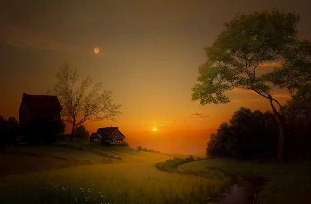 A painting depicting a sunset，The painting shows a house in the middle of a field, Warm and beautiful scene, 在Tranquil scenery中, Tranquil scenery, Peaceful scene,  The scenery is peaceful!!, Peaceful evening atmosphere, Peaceful and tranquil, Immerse yourself in nature, Peaceful environment, Beautiful lighting scenery, Landscape - Scenery, peaceful scene, Beautiful and spectacular sunset, early morning