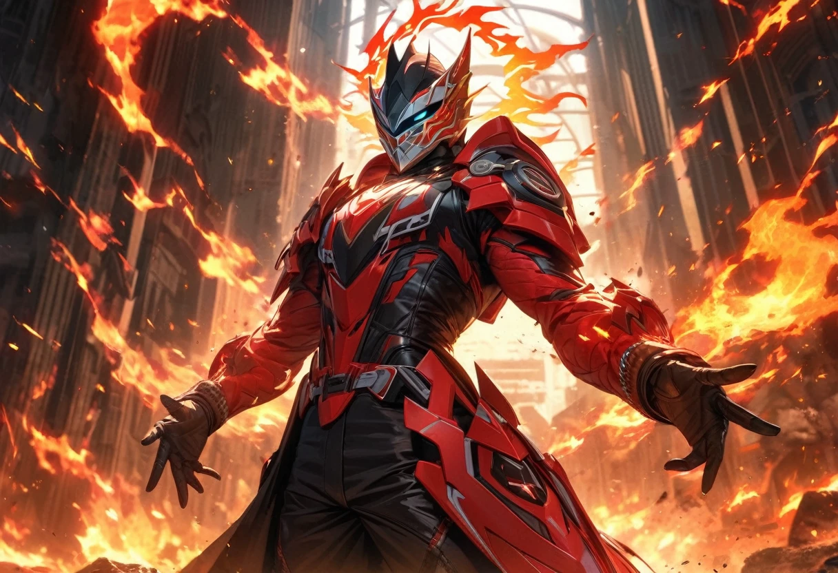Symmetrical,absurd, high resolution, Extremely detailed, HDR, masterpiece, Extremely detailed的脸部和眼睛, Kamen Rider Dragoon, Kamen Rider Dragoon,,, Cool Dragon Masked Rider, Solitary, man, Handsome, ,, , Cool pose,Fire red lightning effect, sparkling, , Fire Effect, Flame halo effect,black eyes, Flames splattered, Surrounded by fire energy