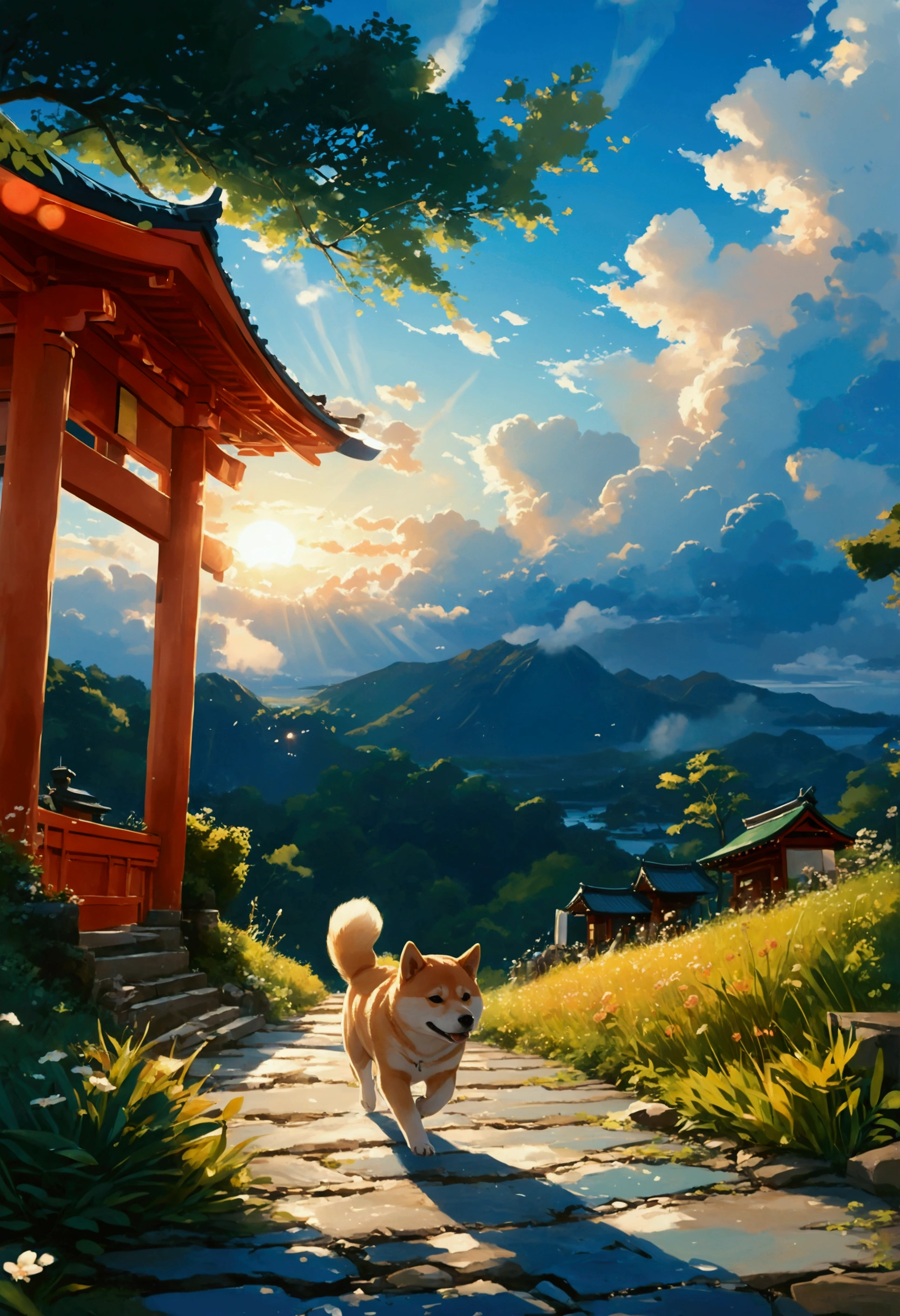 Makoto Shinkai Taste, Beautiful sky, A running Shiba Inu puppy, ,Romantic Landscape, Healing scenes, Light pours in,hope, Makoto Shinkai Taste,Detailed Description, Japanese Shrines, Sunset,