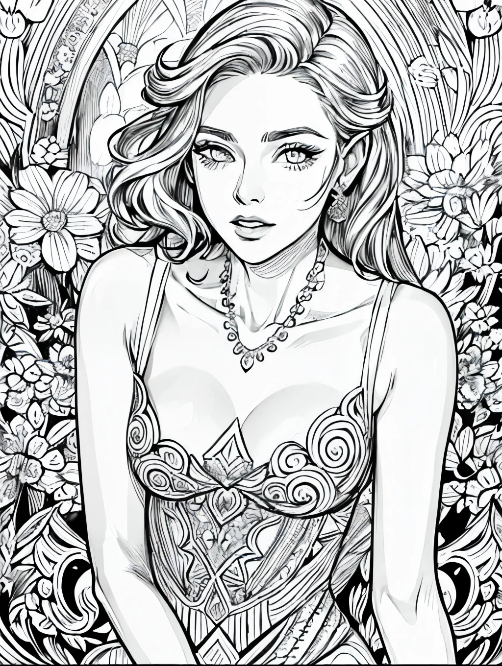 (Black and white coloring book:1.5), line drawings, masterpiece, best quality, ultra-detailed, high resolution, Very detailed face, (Eyes clear and distinct lines), Hair is white color, Full body shot, Woman in an elegant and glamorous evening dress like in a Hollywood movie, Hyper detailed crisp black line draw, ((simple white color))