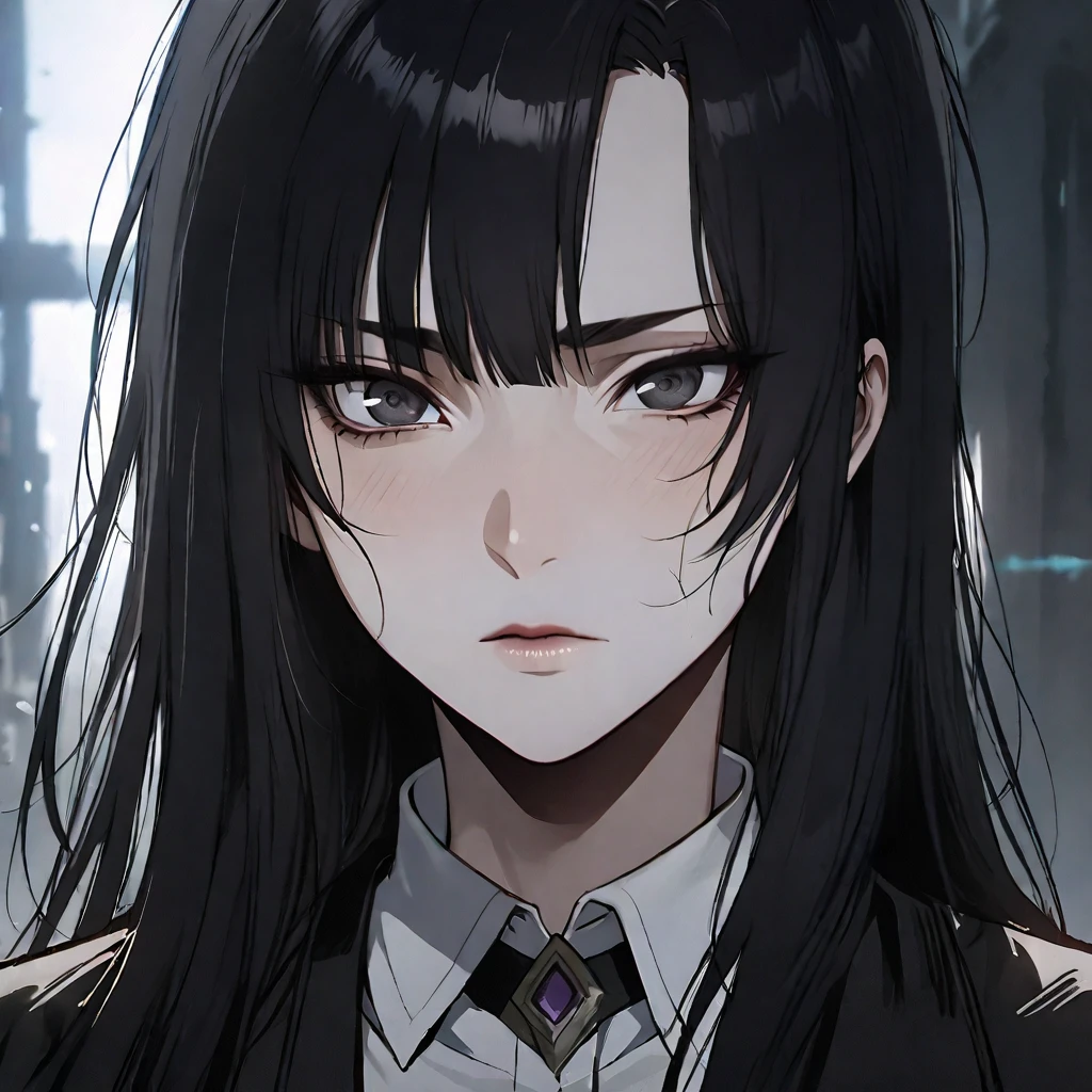 (masterpiece high quality, modern clothes, face close-up 3x4, arcane, caitlyn, gray hair, 1girl, long hair, bangs, black attire, messy hair, white top suit, black clothes, anime style character, highly detailed exquisite fanart, realistic anime, black eyes)