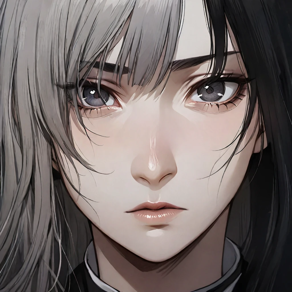 (masterpiece high quality, modern clothes, face close-up 3x4, arcane, caitlyn, gray hair, 1girl, long hair, bangs, black attire, messy hair, white top suit, black clothes, anime style character, highly detailed exquisite fanart, realistic anime, black eyes)