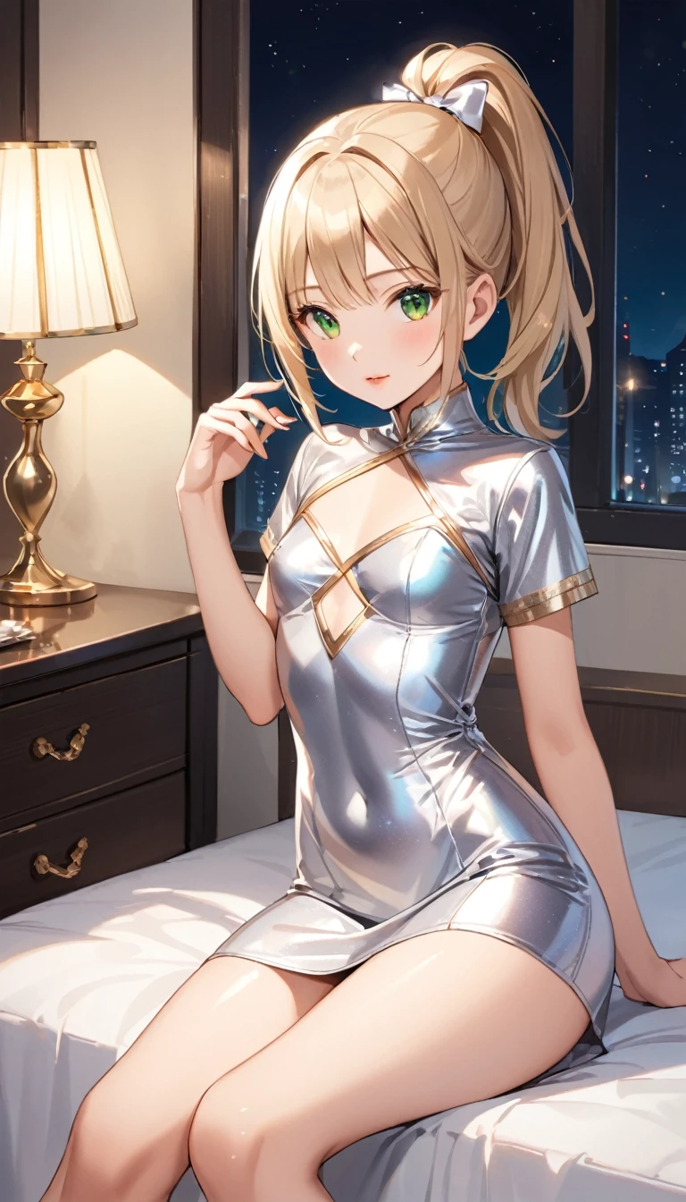 Beautiful 13y old girl with mid straight ponytail blonde hair with green eyes wearing Tight and Short Dress, Sexy Criss Cross Mock Neck Short Sleeves Silver Dress, luxurious jewelry, 18k gold wedding ring on left hand, sitting on her bed with legs open in her bedroom at night, (caucasian skin), (light brown lipstick), (elegant mascara), (slim body), (small breasts), (wide hips), midjourney, <lora:GoodHands-, <lora:GoodLegs-, UHD, high resolution, (masterpiece:1.1, best quality), (expressive eyes, perfect face, full body, expressive face, perfect body, perfect pussy, athletic, fit, slim body, blushing, Perfect makeup, eyeliner, beautiful eyelashes, smiling, horny face), ((best illumination, best shadows)), ((sexy pose))