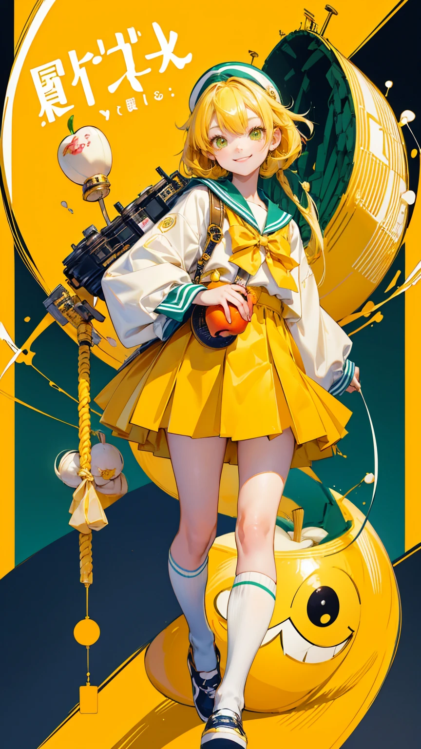 A cute girl Standing straight looking at camera, with yellow hair and big eyes wearing a sailor suit, holding an apple in her hand, happy smiley face emotion, with Tokyo Tower behind her. A school band is playing musical instruments in background. The color scheme is yellow-green. Easy KYC" written on the bottom of image