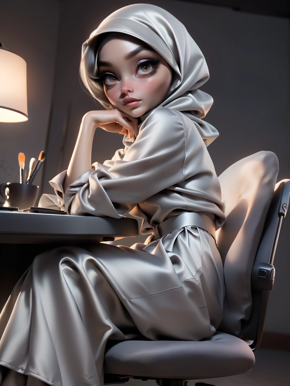 ((Masterpiece, best quality, photography, detailed skin, realistic, photo-realistic, 8k, highly detailed, full length frame, High detail RAW color art, diffused soft lighting, shallow depth of field, sharp focus, hyperrealism, cinematic lighting, hijab, a woman in a beautifully makeup, smokey eyeshadow, beautiful big eyes, long eye lashes, wearing (Dark pewter satin hijab), loosely tide hijab style, ((gray satin shirt)), satin long maxi skirt, sitting on office chair