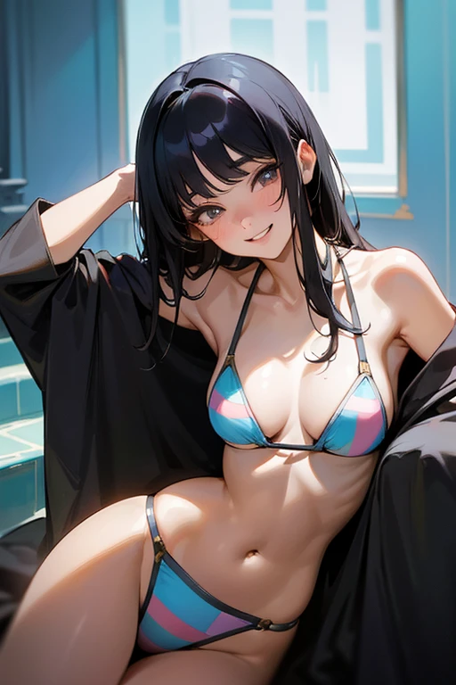 (Highest Resolution, clear_image) Highest quality, single, One woman, alone, masterpiece, Very detailed, Semi-realistic, Black Hairのショートヘア, Black Hair, bangs, 18-year-old, mature, Light blue , Indoor Background, kind, Authoritative, Powerful, exquisite features, exquisite features、Eyelashes become longer、Showing teeth、smile😀、(Swimwear)、woman&#39;Fingers in the、(bikini)、