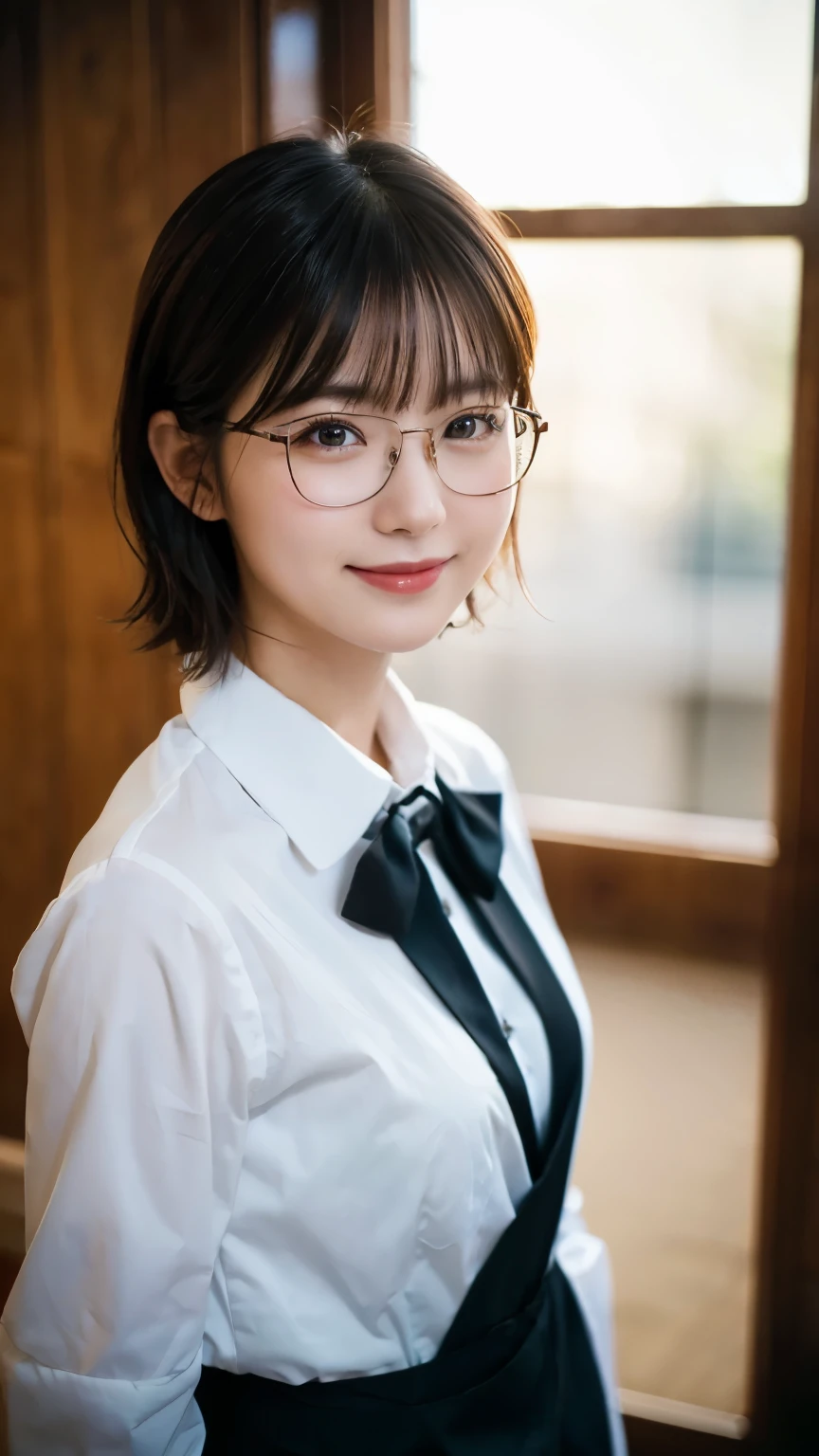 (Highest quality,masterpiece:1.3,Ultra-high resolution),(Very detailed,Caustics,8k),(Realistic:1.4,RAW shooting),A girl dressed as a butler,Japanese,boyish,smile,20-year-old,Short black hair,Glasses,Looking into the camera,Inside the Western-style building,Waist up shot,front,Face Focus,Face close-up,(Warm Light),Professional Writing