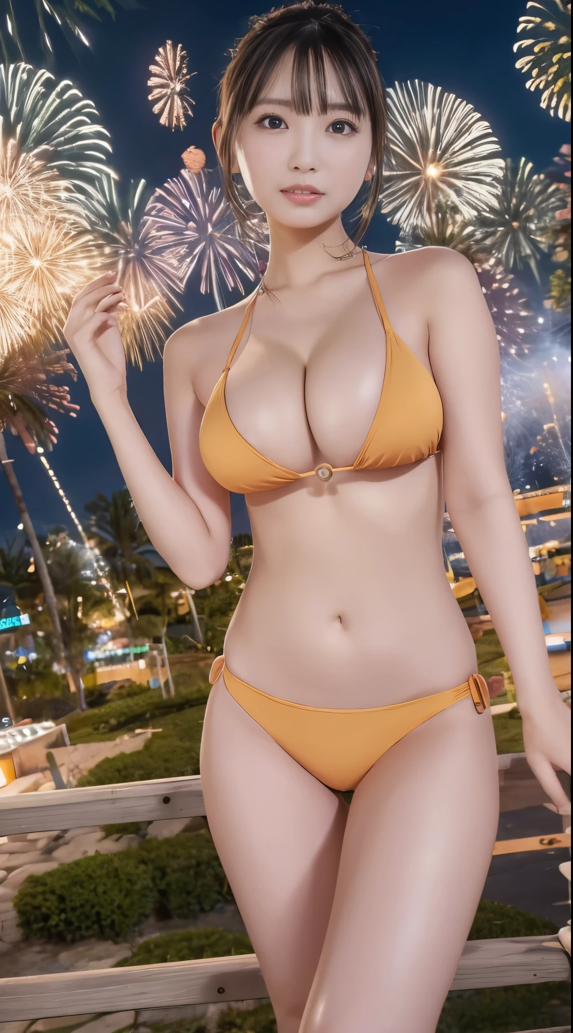 (((Masterpiece,Highest quality,Highest quality,8k,16K)),((Ultra-high resolution,Super detailed))),Japanese,beautiful girl,sexy,glamorous,Golden Ratio Style,Bikini,night,Tropical Beach,Fireworks display,Fireworks、((Tropical BeachにてFireworks displayのFireworksを背景にしたスナップ写真)),