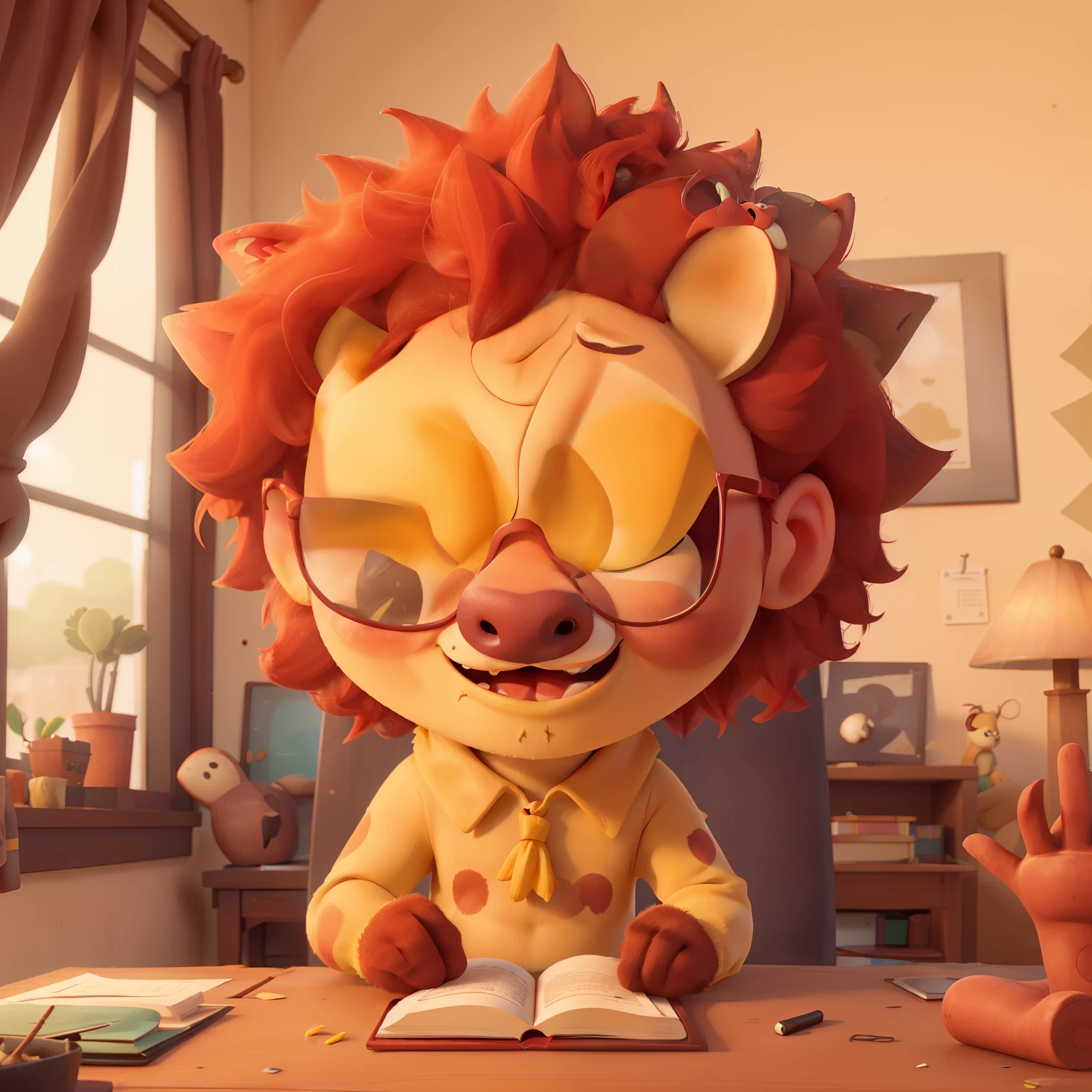 cartoon yellow lion with red mane wearing glasses and is hunched over the table studying with tounge sticking out