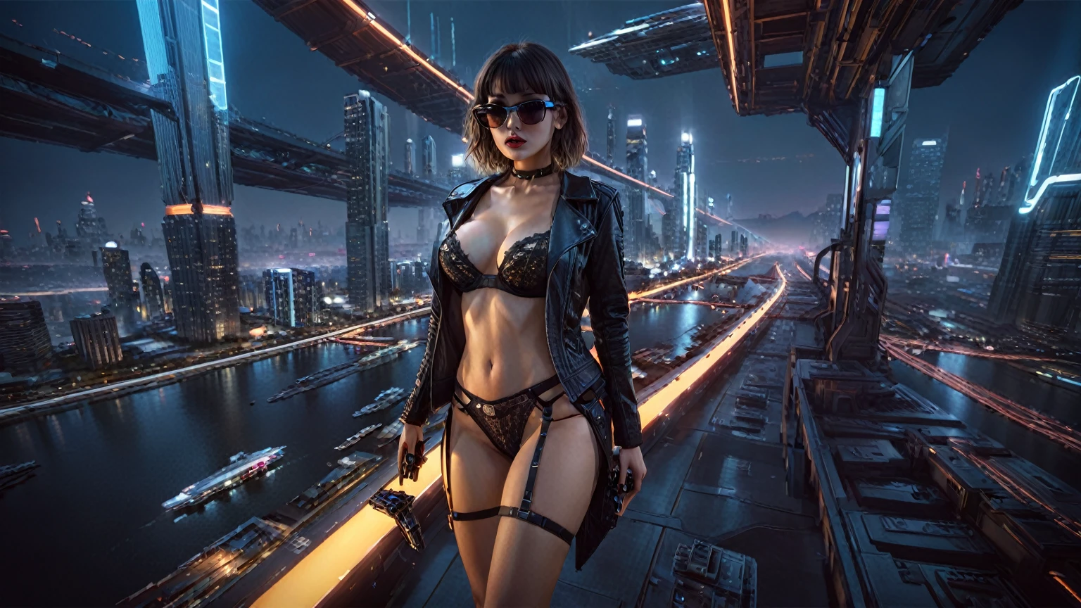 (aerial view), Blade Runner style futuristic sky bridge at night, (flying cars), neon lights. (1girl, solo, alone), large-breast:1.2 slim body, cleavage:1.1, sexy micro laced lingerie with jacket, (black sunglasses), ((she raised a pistol:1.8 and shot the viewer)), dynamic pose, ((half-body thigh level medium shot)), cinematic lighting, lens flare, ray tracing.