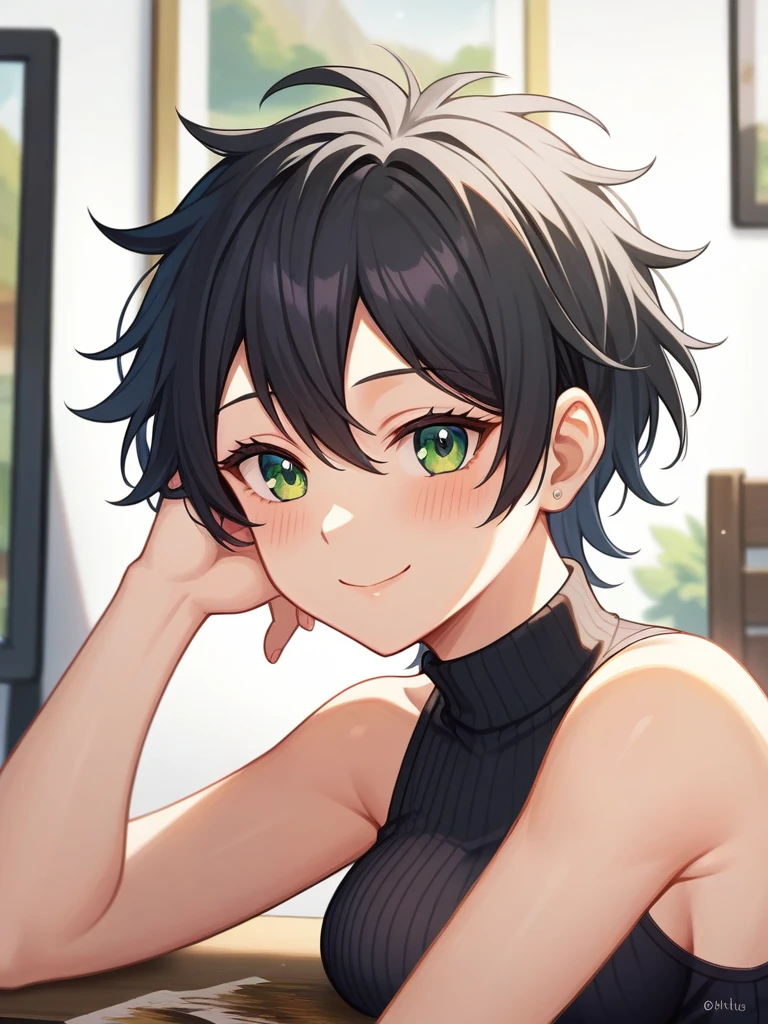 Adult, Female, Mature, middle aged, short black hair, messy hair, emerald eyes, medium breasts, black turtleneck, bike shorts, art room, paintings in background, resting head on hand, elbow on table, content, small smile, blushing, Masterpiece, Accurate, Anatomically Correct, Best Quality, High Details, Detail, Super Detailed, Best detail, Perfect detail, Amazing detail, [-3, 3], perfect eyes, perfect irises, best eyes, best irises, Close-Up, headshot