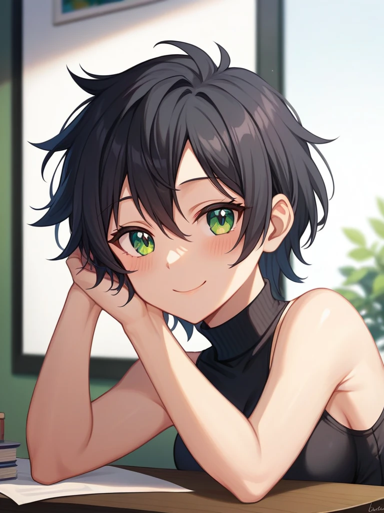 Adult, Female, Mature, middle aged, short black hair, messy hair, emerald eyes, medium breasts, black turtleneck, bike shorts, art room, paintings in background, resting head on hand, elbow on table, content, small smile, blushing, Masterpiece, Accurate, Anatomically Correct, Best Quality, High Details, Detail, Super Detailed, Best detail, Perfect detail, Amazing detail, [-3, 3], perfect eyes, perfect irises, best eyes, best irises, Close-Up, headshot