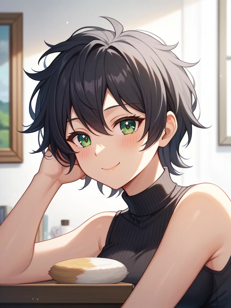 Adult, Female, Mature, middle aged, short black hair, messy hair, emerald eyes, medium breasts, black turtleneck, bike shorts, art room, paintings in background, resting head on hand, elbow on table, content, small smile, blushing, Masterpiece, Accurate, Anatomically Correct, Best Quality, High Details, Detail, Super Detailed, Best detail, Perfect detail, Amazing detail, [-3, 3], perfect eyes, perfect irises, best eyes, best irises, Close-Up, headshot