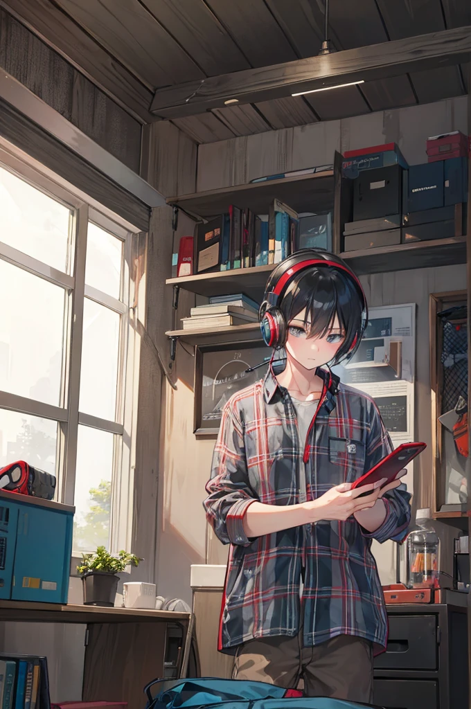 Boy in grunge plaid shirt studying in his room on a rainy and cloudy afternoon with headphones 