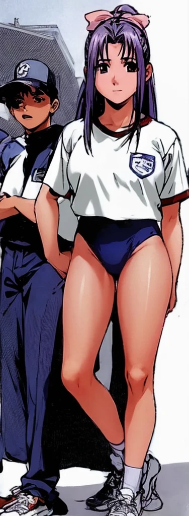 Momoko Koigakubo, a tall girl with beautiful legs, is standing with a smile on her face in a white gym uniform and light navy blue bloomers that look like panties.。Momoko Koigakubo is holding a boy in casual clothes.。