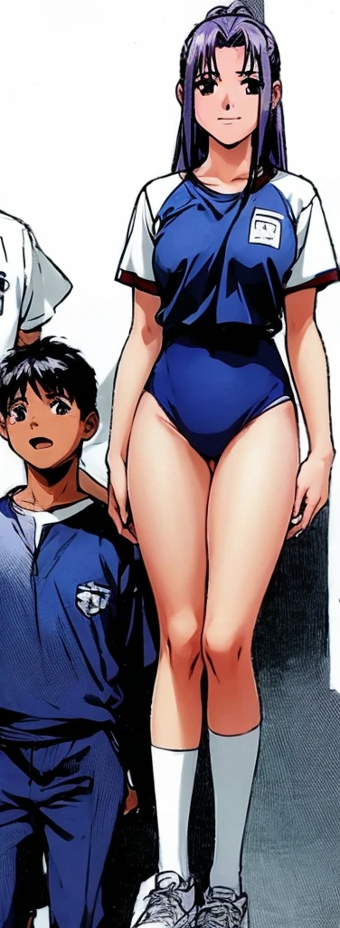 Momoko Koigakubo, a tall girl with beautiful legs, is standing with a smile on her face in a white gym uniform and light navy blue bloomers that look like panties.。Momoko Koigakubo is holding a boy in casual clothes.。